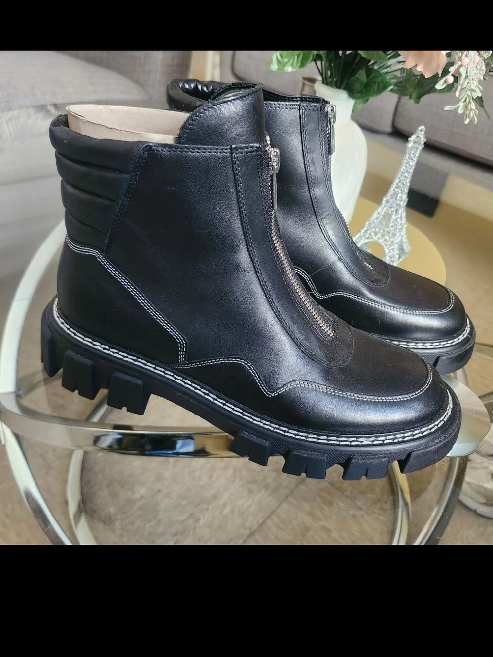 Marc Fisher Black Leather Chunky Lug-Sole Ankle Boots